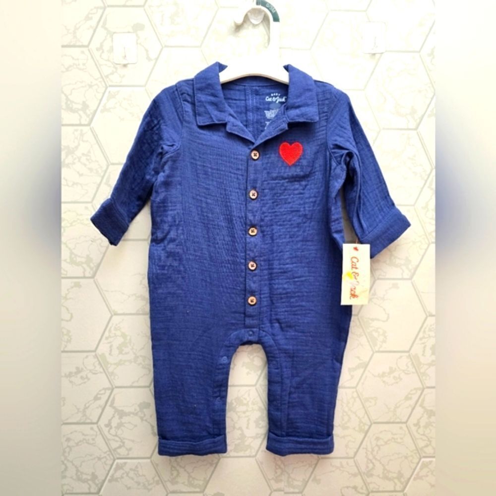 Nwt Baby Boy Blue 100% cotton Gauze Valentine's Spring Easter Romper